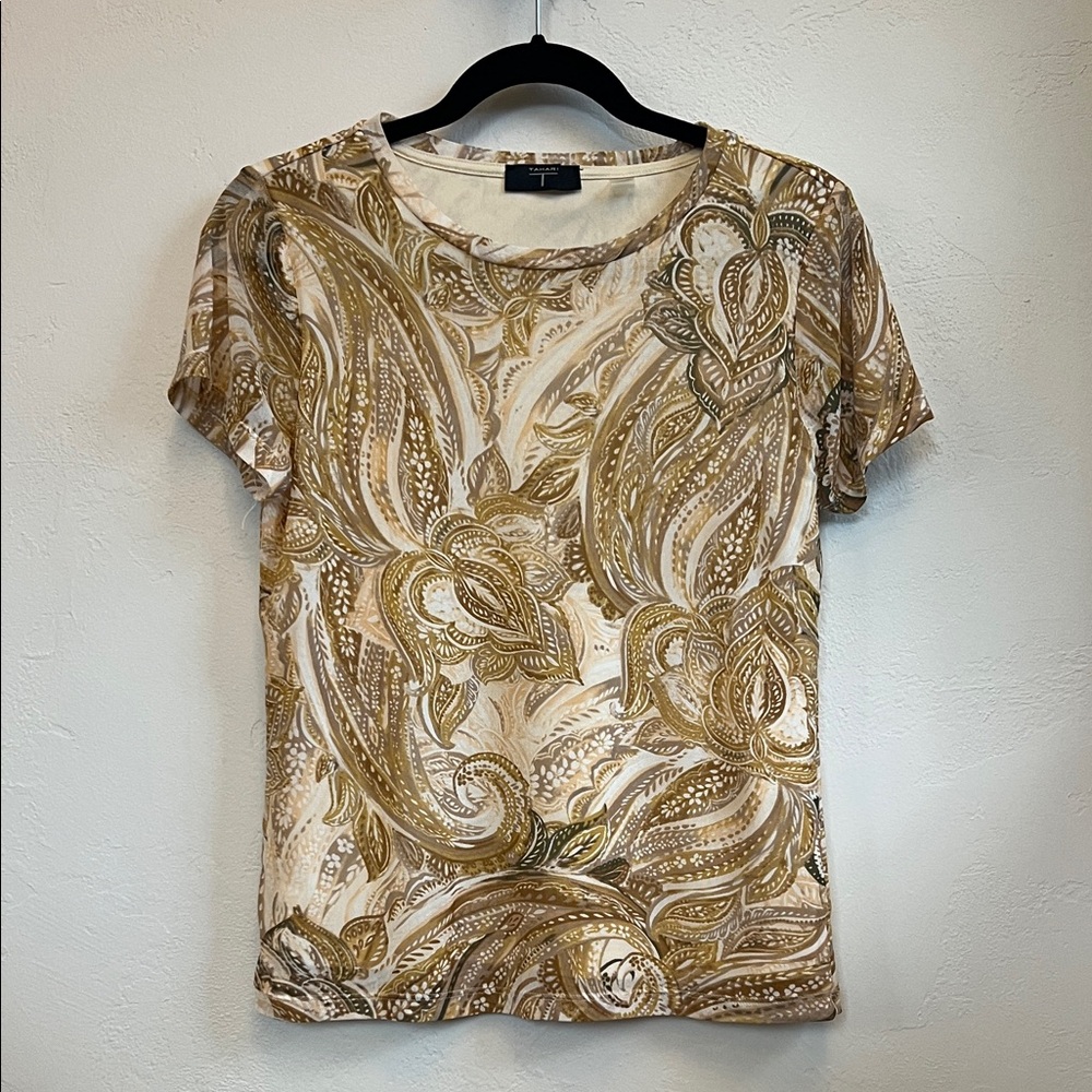 Tahari Short Sleeve Top in Cream and Brown Paisley